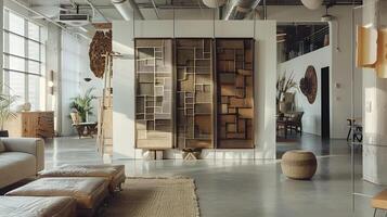 AI generated Bright Industrial Loft with Bamboo Cubicles and Bohemian Accents photo