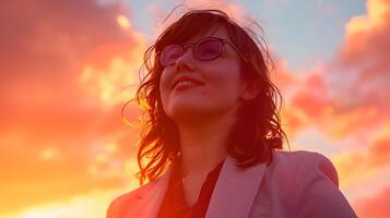 AI generated Happy Professional Woman Smiling at Sunset with Glasses and White Blazer, To represent a confident, joyful, and approachable professional woman in a photo