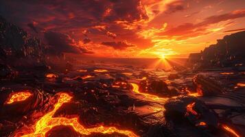 AI generated Molten Gold Flowing Amidst Dark Iron Ore Rocks Under a Crimson Sky at Twilight - Dramatic Lava Landscape photo