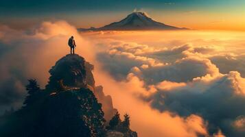 ai generado mochilero en montar más lluvioso pico con vista a mar de nubes a amanecer foto