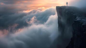 ai generado solitario excursionista en un montaña acantilado con vista a un amanecer Oceano de nubes foto