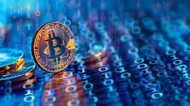 AI generated Binary Code Accented Bitcoin A Digital Currency Concept in an Enchanting Blue Background photo