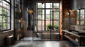 AI generated Industrial Bathroom Oasis Spacious Stone Bathtub Basks in Soft Natural Light Amidst Steel and Brick photo