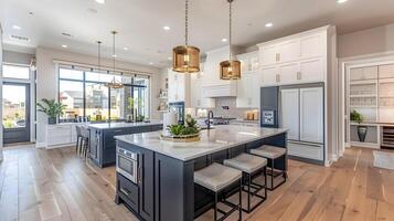 AI generated Elegant Navy Island Kitchen with Smart Appliances and Chic Lighting photo