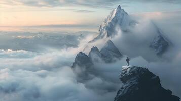 ai generado Mañana cumbre espera solitario aventurero con vista a amanece majestuoso montaña desafío foto