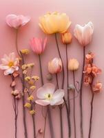 AI generated Flowers composition. Colorful flowers on pastel pink background. Flat lay, top view photo