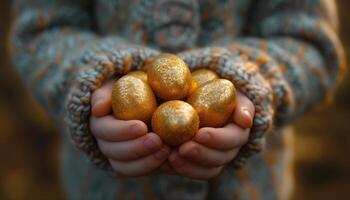 ai generado dorado huevos en el manos de un niño. selectivo enfocar. día festivo. foto