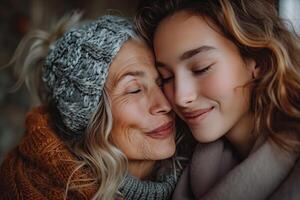 AI generated Portrait of mother and daughter in sweaters and scarves. Mother's day. Mother's day photo