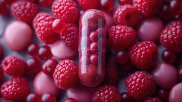 AI generated Capsule with red pills and fresh raspberries, closeup photo