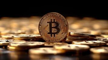 AI generated Bitcoin coins on a dark background. Bitcoin is a modern way of exchange and this crypto currency is a convenient means of payment in the financial photo