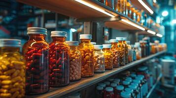 AI generated Assorted pharmaceutical medicine pills, tablets and capsules on shelves in pharmacy drugstore photo