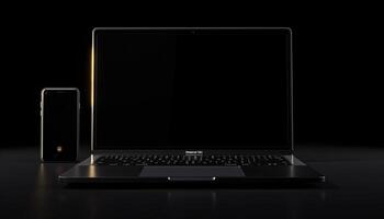 AI generated Laptop with blank screen and smartphone on black background. 3d rendering photo