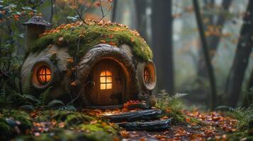 AI generated Little wooden house in the forest. Halloween concept. Fairy tale. photo