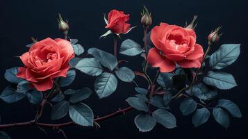 AI generated Red roses on a black background. Floral background. Toned. photo