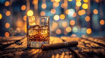 AI generated Glass of whiskey with ice cubes and cuban cigar on a wooden table photo