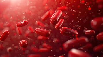 AI generated 3d rendering of red pills floating on red background. Medicine and healthcare concept photo