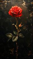 AI generated Red rose on a black background. Photo in old color image style.