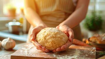 ai generado mujer amasadura masa en cocina. de cerca de hembra manos foto