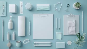AI generated Flat lay of medical equipment on blue background with copy space for text photo