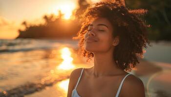 AI generated Portrait of beautiful happy young african american woman with afro hairstyle on the beach at sunset photo