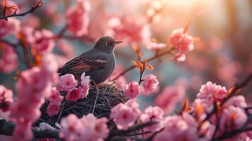 AI generated Bird on a branch of a blossoming sakura in spring. photo