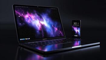 AI generated photo of a Laptop and smartphone on a black background 3d rendering