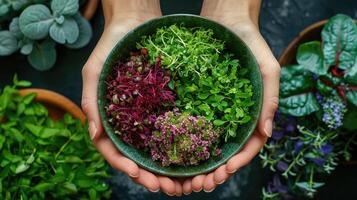 AI generated Woman holding bowl with microgreens in her hands, closeup photo