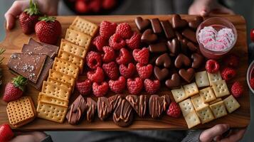 AI generated Top view of different types of cookies with raspberry and chocolate on wooden board photo