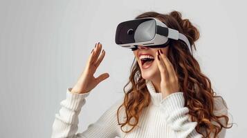 ai generado contento joven mujer vistiendo virtual realidad gafas de protección en blanco antecedentes. futuro tecnología concepto. foto