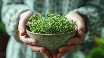 AI generated Woman holding bowl with microgreens in her hands, closeup photo