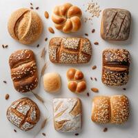 AI generated Different types of bread on a white background. Bakery products. photo