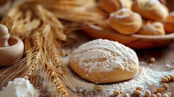 AI generated Wheat ears and bread on wooden table, closeup. Bakery products photo