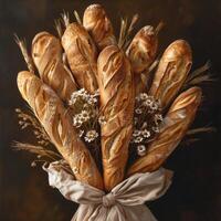 AI generated Bouquet of fresh baguettes with wheat ears and daisies on dark background photo