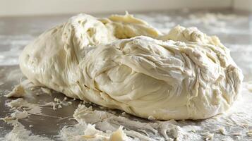 AI generated Raw dough and rolling pin on table, closeup. Food preparation photo