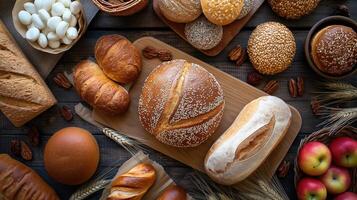 ai generado panadería productos en de madera antecedentes. Fresco pan, bollos, rollos, cruasanes, manzanas y Malvaviscos foto