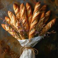 ai generado manojo de Fresco baguettes con lavanda flores en un oscuro antecedentes foto