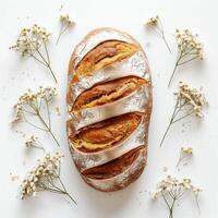 ai generado recién horneado un pan con blanco Gypsophila flores en blanco antecedentes foto