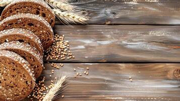 AI generated Variety of bread and wheat on wooden background. Top view copy space photo