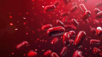 AI generated 3d rendering of red pills floating on red background. Medicine and healthcare concept photo