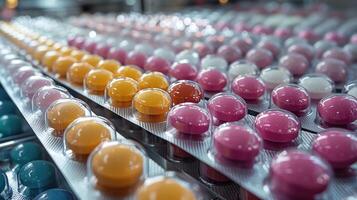 AI generated Pills in blister pack on conveyor belt in pharmaceutical factory. photo