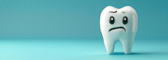 AI generated Tooth with a sad face on a blue background. 3d rendering, copy space, banner photo