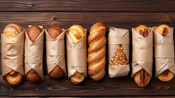 AI generated Assortment of fresh bread in paper bags on wooden background, top view photo