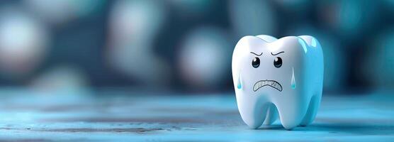 AI generated Tooth with a sad face on a blue background. 3d rendering, copy space, banner photo