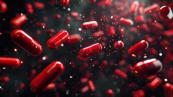 AI generated 3d rendering of red pills floating on black background. Medicine and healthcare concept photo