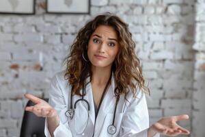 AI generated confused woman doctor with stethoscope on her neck sitting with hands out photo