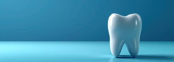 AI generated Tooth with a sad face on a blue background. 3d rendering, copy space, banner photo