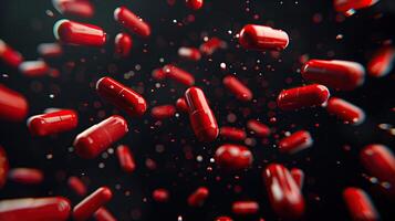 AI generated 3d rendering of red pills floating on black background. Medicine and healthcare concept photo