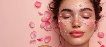 AI generated Beautiful young woman with rose petals on pink background. Spa concept. photo