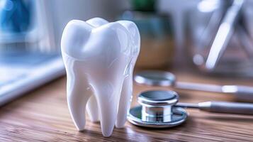 AI generated Tooth model and stethoscope on wooden table, closeup photo