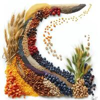 AI generated Composite image of cereal grains and cereals against white background photo